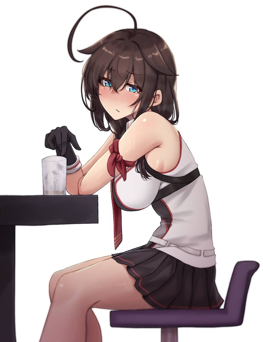 1girl ahoge black_gloves black_hair black_shirt black_skirt blue_eyes braid chair cup drinking_glass fingerless_gloves gloves hair_flaps hair_over_shoulder highres kantai_collection long_hair m.a.o necktie pleated_skirt red_necktie shigure_(kancolle) shigure_kai_san_(kancolle) shirt simple_background single_braid sitting skirt sleeveless sleeveless_shirt solo two-tone_shirt white_background