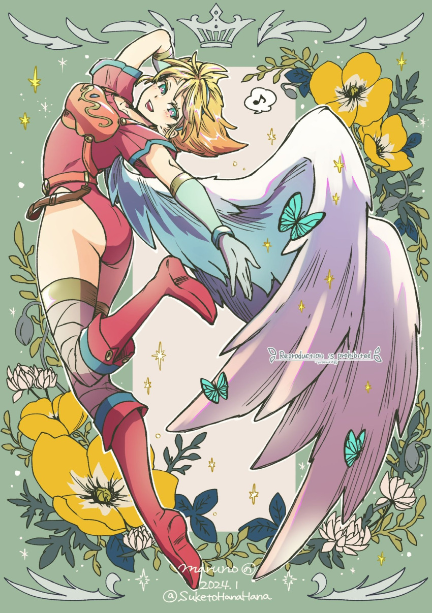 1girl angel_wings armor ass blonde_hair blue_eyes boots breath_of_fire breath_of_fire_i bug butterfly dated elbow_gloves feathered_wings flower full_body gloves hairband highres knee_boots leotard looking_at_viewer maruno musical_note nina_(breath_of_fire_i) open_mouth red_leotard short_hair smile solo thighhighs white_wings wings