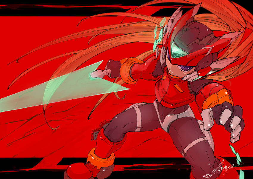 1boy absurdres android armor black_eyes blonde_hair boots denjyou23 energy_sword forehead_jewel helmet highres holding holding_sword holding_weapon long_hair looking_at_viewer mega_man_(series) mega_man_zero_(series) red_armor red_background red_footwear red_headwear ringed_eyes signature solo sword weapon z_saber zero(z)_(mega_man) zero_(mega_man)