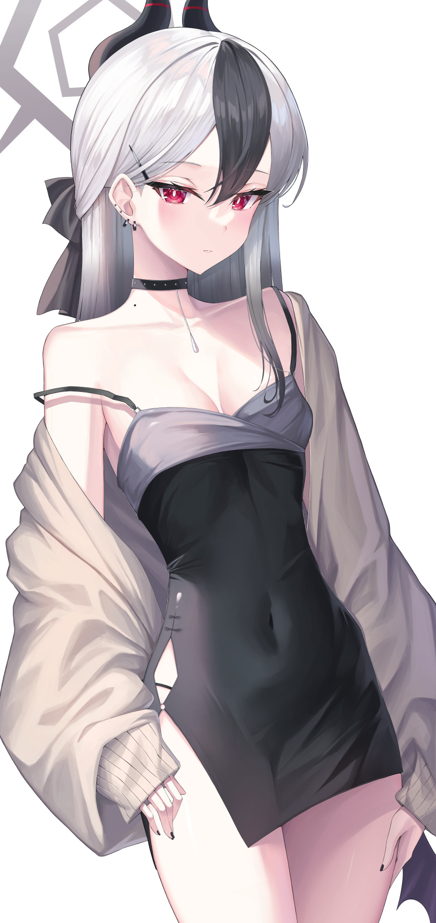 1girl absurdres alter_(kxk7357) bare_shoulders black_dress black_hair blue_archive breasts choker closed_mouth dress earrings hair_between_eyes halo highres horns jewelry kayoko_(blue_archive) kayoko_(dress)_(blue_archive) long_hair looking_at_viewer multicolored_hair off_shoulder official_alternate_costume red_eyes sidelocks small_breasts solo thighs two-tone_hair white_hair