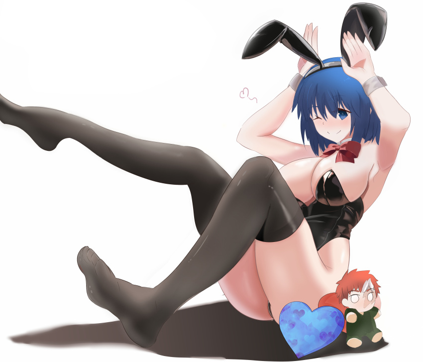 1girl absurdres animal_ears blue_eyes blue_hair blush breasts ciel_(tsukihime) cleavage colored_skin emiya_shirou emiya_shirou_(prisma_illya) english_commentary highres large_breasts little_bunny long_sleeves melty_blood multicolored_skin nun orange_hair rabbit rabbit_ears rabbit_girl red_hair shokobr short_hair simple_background smile socks solo thighs tsukihime tsukihime_(remake) two-tone_skin type-moon underwear