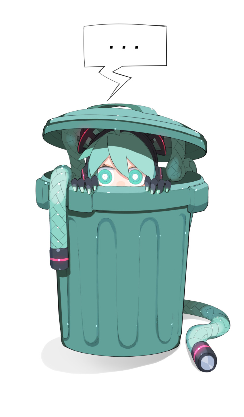... 1girl absurdres ahoge cable_hair cheri_zao green_eyes hatsune_miku hiding highres long_hair ringed_eyes simple_background speech_bubble trash_can twintails vocaloid white_background