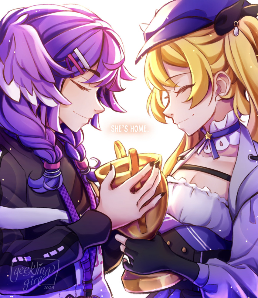 2girls black_jacket black_nails black_shirt blonde_hair blue_headwear braid breasts choker cleavage closed_eyes dated dokibird_(vtuber) fingerless_gloves from_side geekling_girl gloves grey_jacket hair_ornament hairclip hat head_wings highres holding holding_trophy indie_virtual_youtuber jacket long_hair multiple_girls nijisanji nijisanji_en purple_hair selen_tatsuki shirt signature simple_background trophy twin_braids upper_body white_background wings