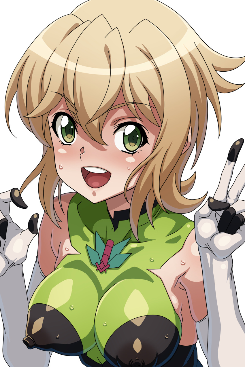 1girl absurdres akatsuki_kirika blonde_hair blush breasts covered_nipples elbow_gloves gloves green_eyes green_leotard highres impossible_clothes impossible_leotard leotard looking_at_viewer medium_breasts open_mouth senki_zesshou_symphogear shiny_clothes shiny_skin short_hair simple_background skin_tight smile solo sweat syunzou upper_body v white_background