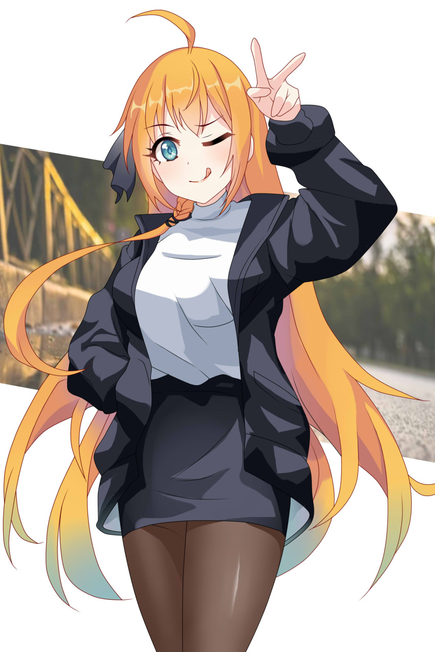 1girl absurdres ahoge black_jacket blue_eyes braid hand_in_pocket highres jacket long_hair maxwelzy one_eye_closed open_clothes open_jacket orange_hair pantyhose pecorine_(princess_connect!) pencil_skirt princess_connect! shirt side_braid skirt solo v white_shirt