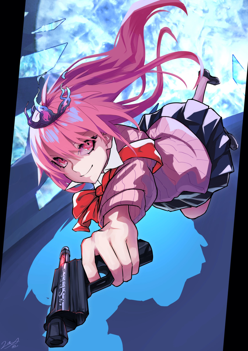 1girl absurdres alternate_costume black_footwear black_tiara blue_skirt full_moon grey_sweater gun highres holding holding_gun holding_weapon hololive hololive_english long_hair looking_at_viewer lox_(orchis_lox) moon mori_calliope pink_hair red_eyes skirt smile solo sweater tiara virtual_youtuber weapon