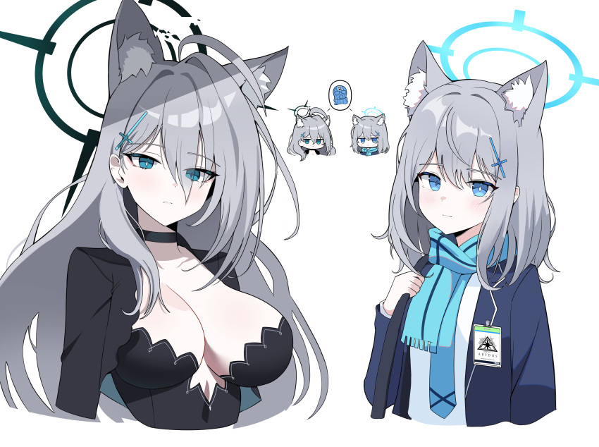 2girls absurdres ahoge animal_ear_fluff animal_ears aqua_eyes aqua_scarf balaclava black_choker black_dress black_jacket blue_archive blush breasts chibi chibi_inset choker cleavage collarbone cropped_jacket cropped_torso cross_hair_ornament dalgam12 dress dual_persona grey_hair hair_ornament halo highres huge_ahoge id_card jacket large_breasts looking_at_viewer mismatched_pupils multiple_girls plunging_neckline scarf school_uniform shiroko_(blue_archive) shiroko_terror_(blue_archive) simple_background spoken_object upper_body white_background wolf_ears