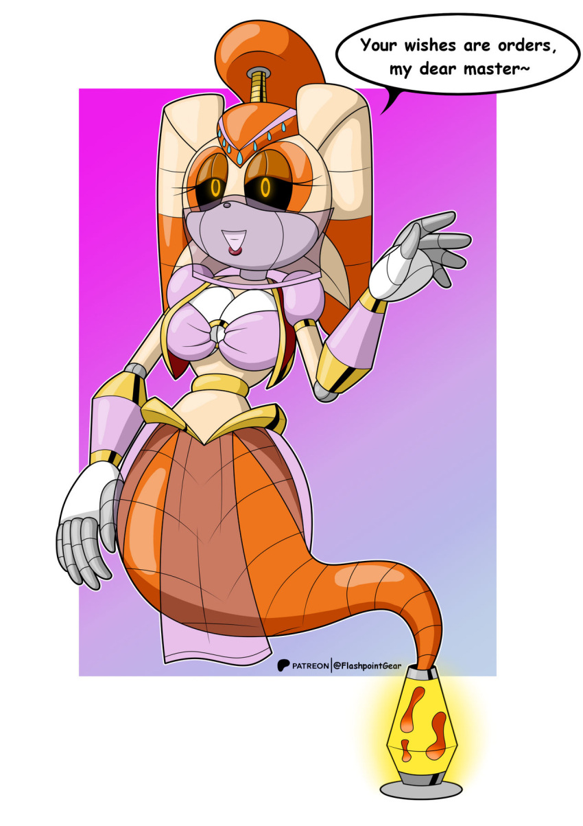 anthro belly_dancer_outfit big_breasts breasts clothing flashpointgear genie hi_res lagomorph lamp lava_lamp leporid looking_at_viewer machine mammal mecha_vanilla rabbit raised_arm robot roboticized robotization sega smile solo sonic_the_hedgehog_(series) translucent translucent_clothing vanilla_the_rabbit