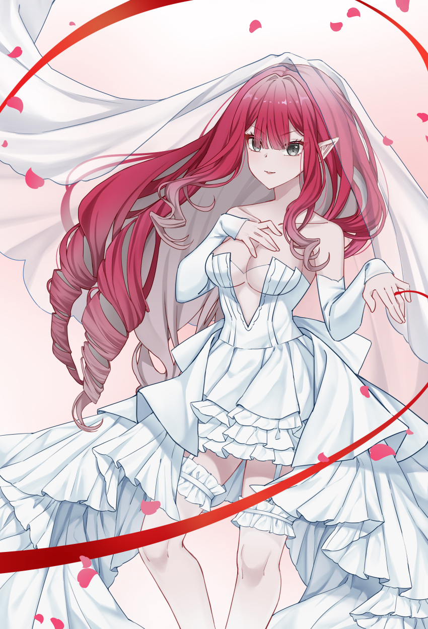1girl absurdres baobhan_sith_(fate) bare_shoulders breasts bride detached_sleeves dress falling_petals fate/grand_order fate_(series) feet_out_of_frame frilled_dress frilled_thighhighs frills garter_straps gradient_background grey_eyes hand_on_own_chest high-low_skirt highres le_memory long_hair looking_at_viewer parted_lips petals pink_background pink_hair pointy_ears sidelocks smile solo thighhighs wedding_dress white_dress white_thighhighs white_veil