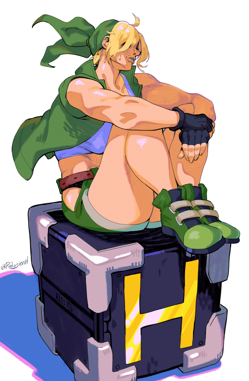 1girl abs absurdres alternate_muscle_size bandana bare_shoulders biceps breasts crop_top gloves green_bandana highres kasamoto_eri large_breasts load_bearing_vest long_hair metal_slug midriff muscular muscular_female navel pinstripe_pattern pinstripe_vest relusionh shirt shorts snk solo thighs vest