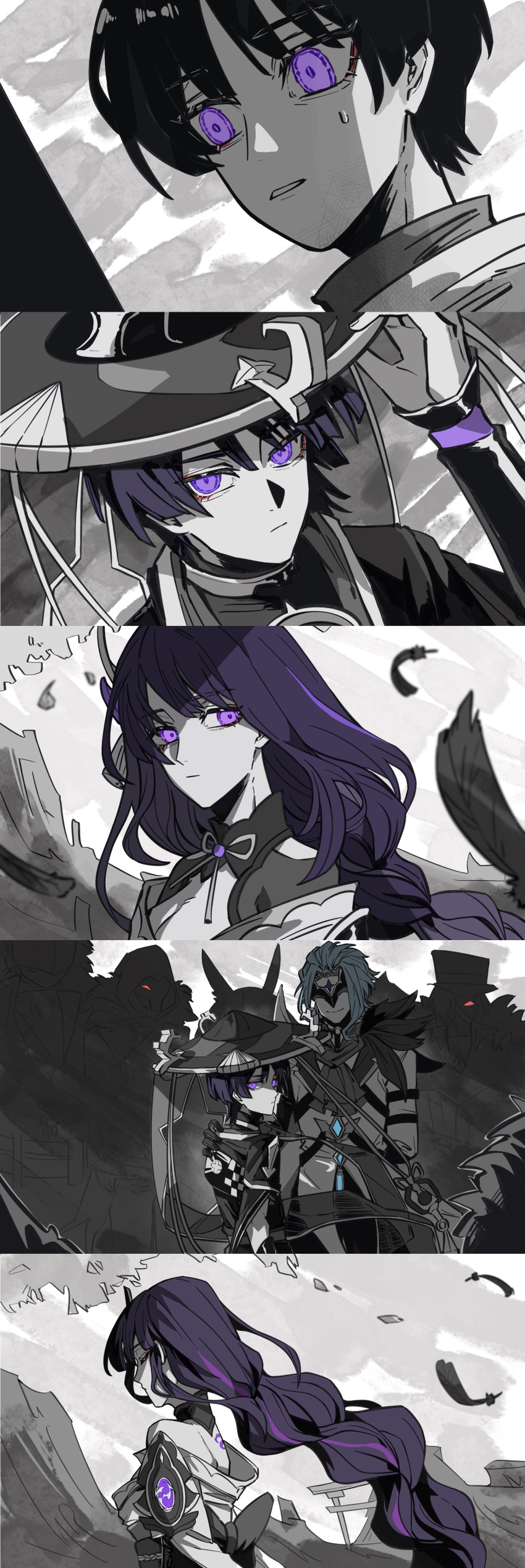 1girl 2boys absurdres blunt_bangs braid dottore_(genshin_impact) feathers feixuzhanshitouwerundead from_side genshin_impact hair_between_eyes hair_ornament highres japanese_clothes long_hair looking_back looking_to_the_side mask mitsudomoe_(shape) monochrome mother_and_son multiple_boys purple_eyes purple_hair raiden_shogun scaramouche_(genshin_impact) scaramouche_(kabukimono)_(genshin_impact) single_braid tomoe_(symbol)