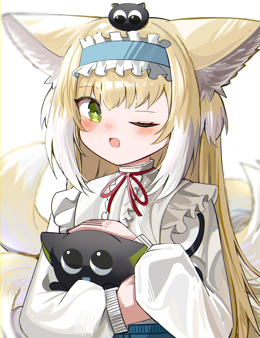 1girl ;d absurdres animal animal_ear_fluff animal_ears arknights black_cat blonde_hair blue_hairband blue_skirt blush cat center_frills commentary crossover fox_ears fox_girl fox_tail frilled_hairband frills green_eyes hairband heixiu high-waist_skirt highres holding holding_animal kitsune long_hair long_sleeves looking_at_viewer luo_xiaohei luo_xiaohei_(cat) luo_xiaohei_zhanji multicolored_hair neck_ribbon on_head one_eye_closed puffy_long_sleeves puffy_sleeves red_ribbon ribbon shirt simple_background skirt smile spam_(spamham4506) suzuran_(arknights) suzuran_(spring_praise)_(arknights) tail two-tone_hair very_long_hair white_background white_hair white_shirt