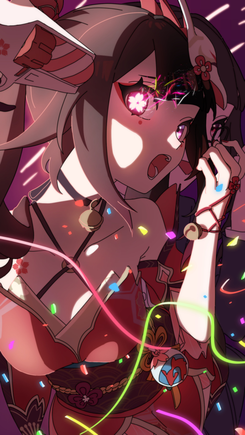 2girls :d bare_shoulders bell black_choker bow breasts brown_hair choker collarbone criss-cross_halter detached_sleeves dress dual_persona eyeliner flower-shaped_pupils fox_mask from_side glasses glowing glowing_eye gun gun_to_head hair_bow halterneck hand_up highres honkai:_star_rail honkai_(series) large_breasts long_bangs long_hair looking_at_viewer makeup mask mask_on_head multiple_girls nail_polish neck_bell noko_robunbun o-ring obi open_mouth pink_eyes red_bow red_dress red_eyeliner red_nails red_sleeves revolver sash short_sleeves sidelocks sideways_glance sleeveless sleeveless_dress smile sparkle_(honkai:_star_rail) symbol-shaped_pupils teeth twintails upper_body weapon
