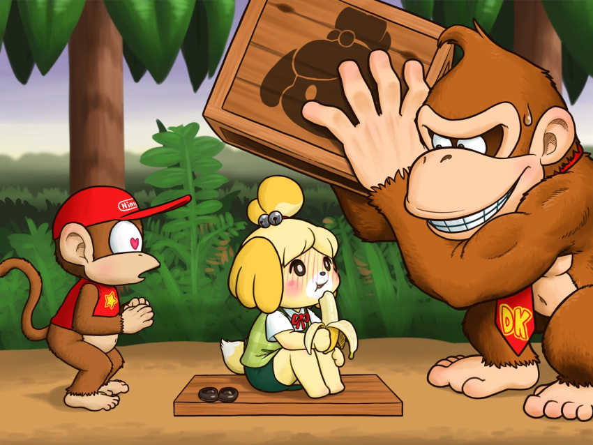 1girl 2boys :t animal_crossing animal_ears banana bell blush bright_pupils crate crossover dog_ears dog_tail donkey_kong donkey_kong_(series) donkey_kong_country eating food fruit furry furry_female hair_bell hair_ornament hat heart heart-shaped_pupils highres holding holding_food isabelle_(animal_crossing) jingle_bell jungle monkey monkey_tail multiple_boys nature necktie outdoors rakugaken red_headwear red_necktie sitting skirt standing symbol-shaped_pupils tail tree white_pupils