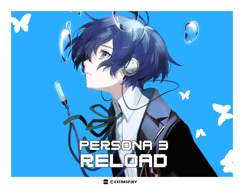 1boy air_bubble artist_logo artist_name blue_background blue_eyes blue_hair border bubble bug butterfly copyright_name digital_media_player extraspiky from_side gekkoukan_high_school_uniform green_ribbon headphones highres looking_up male_focus neck_ribbon parted_lips persona persona_3 persona_3_reload portrait ribbon school_uniform short_hair simple_background solo upper_body white_border yuuki_makoto_(persona_3)