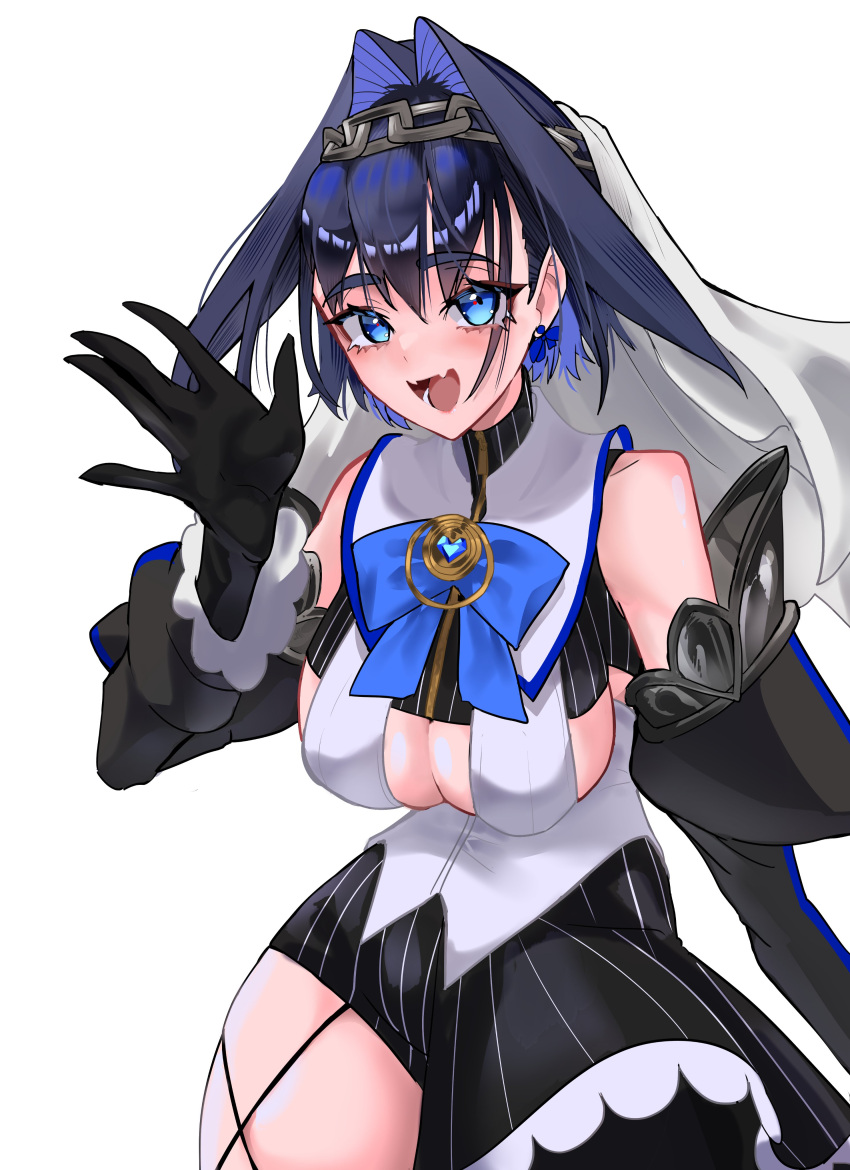 1girl absurdres black_gloves blue_eyes blue_hair blue_ribbon blush bow bow_earrings breasts chain_headband detached_sleeves earrings english_text fang fangs gloves hair_between_eyes hair_intakes heart-shaped_gem highres hololive hololive_english jewelry koizumi_arata large_breasts looking_at_viewer open_mouth ouro_kronii ouro_kronii_(1st_costume) ribbon ribbon_earrings short_hair sideboob skin_fang solo thighs underboob upper_body virtual_youtuber white_veil