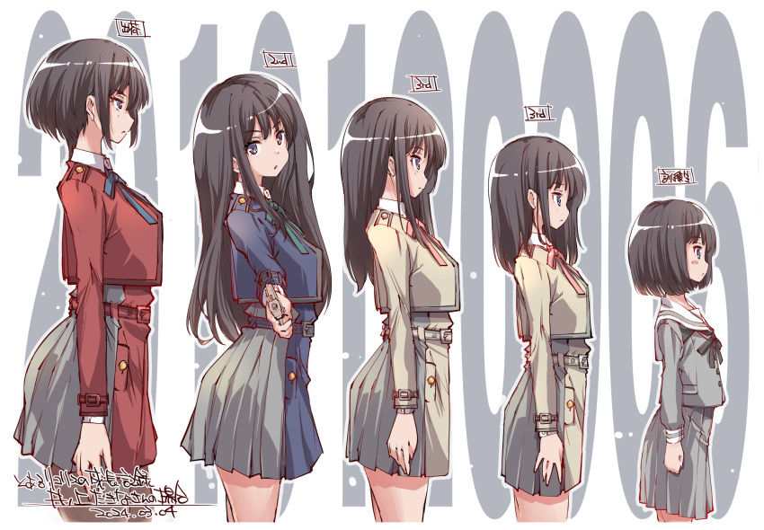 1girl age_progression aged_down aged_up aiming aiming_at_viewer belt black_hair black_ribbon blue_belt blue_dress blue_ribbon blush_stickers bob_cut closed_mouth dress from_side green_ribbon grey_dress grey_serafuku gun handgun highres holding holding_gun holding_weapon inoue_takina long_hair looking_ahead looking_at_viewer looking_to_the_side lycoris_recoil lycoris_uniform medium_hair neck_ribbon numbered outline parted_lips pleated_dress purple_eyes red_belt red_dress red_ribbon ribbon s&amp;w_m&amp;p sailor_collar school_uniform serafuku short_hair sidelocks two-tone_dress very_long_hair weapon white_outline white_sailor_collar yazawa_mana