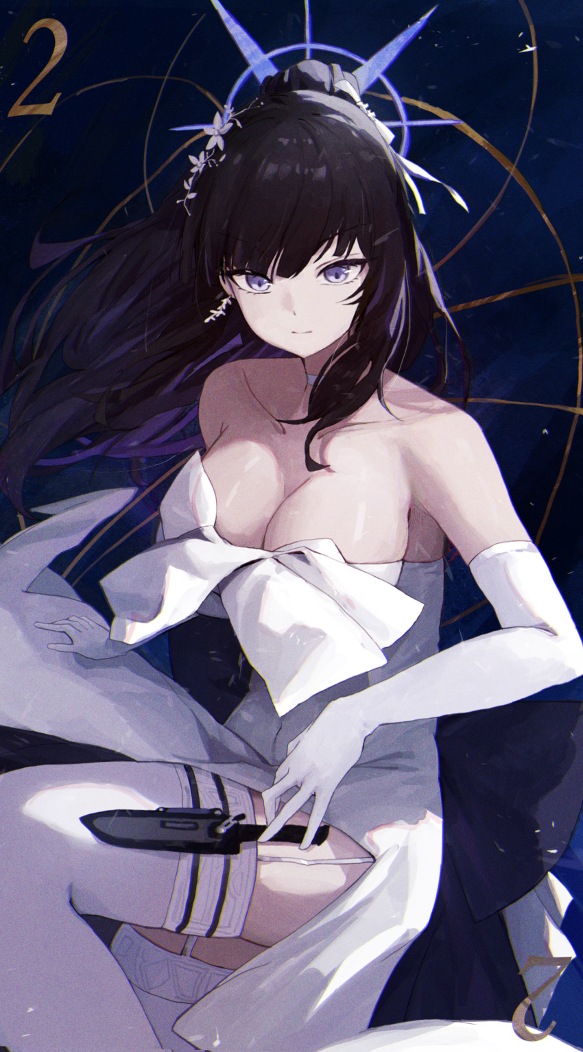 1girl absurdres bare_shoulders black_hair blue_archive breasts cleavage collarbone dress floating_hair garter_straps gloves halo highres jianjia knife_sheath large_breasts looking_at_viewer multicolored_hair purple_hair saori_(blue_archive) saori_(dress)_(blue_archive) sheath solo thigh_sheath thighhighs two-tone_hair white_dress white_garter_straps white_gloves white_thighhighs