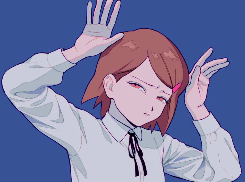 1girl bad_id bad_pixiv_id black_ribbon blue_background brown_hair closed_mouth collared_shirt commentary_request frown furrowed_brow hair_ornament hairclip half-closed_eyes hands_up head_tilt ichimura_shiho long_sleeves looking_at_viewer midori_(rgonkr) neck_ribbon odd_taxi phony_(cevio) pink_eyes rabbit_pose ribbon shirt short_hair simple_background sleeve_cuffs solo spoilers swept_bangs tearing_up white_shirt