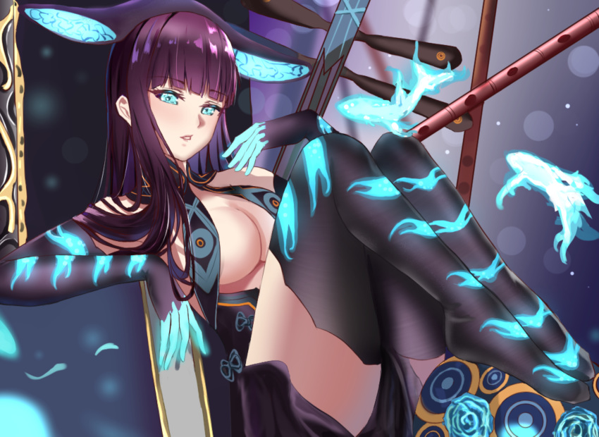 1girl absurdres bangs bare_shoulders black_dress black_gloves black_headwear black_legwear blue_eyes blue_fire blunt_bangs blush breasts center_opening cleavage dress elbow_gloves fate/grand_order fate_(series) fire fish flute gloves highres instrument knees_up large_breasts legs long_hair looking_at_viewer parted_lips pipa_(instrument) purple_hair qwe_24 thighhighs thighs very_long_hair yang_guifei_(fate/grand_order)