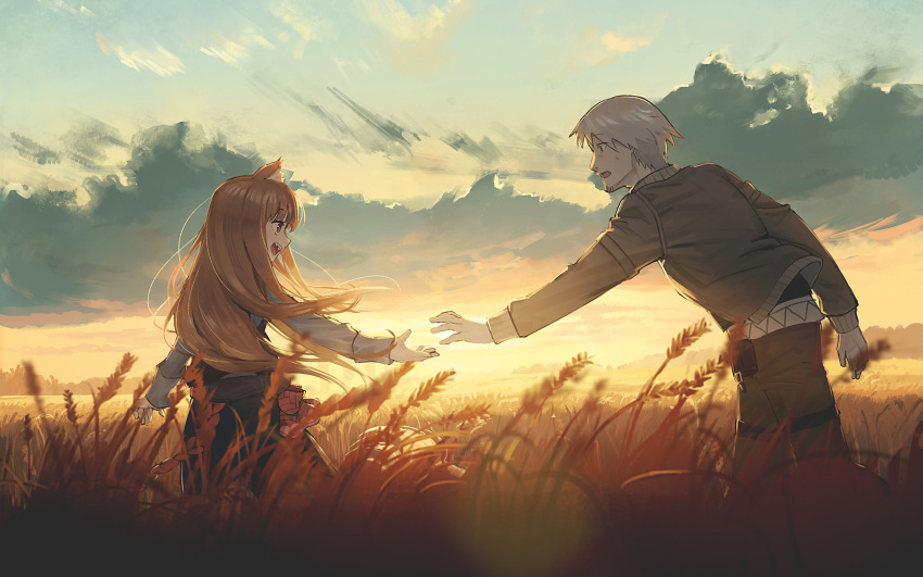 1boy 1girl :d black_shirt black_skirt brown_hair brown_jacket brown_pants cloud commentary_request craft_lawrence eye_contact facial_hair grey_hair grey_shirt highres holo jacket long_hair looking_at_another open_clothes open_jacket outdoors pants profile red_eyes ryokucha_manma shirt skirt sky smile spice_and_wolf stubble sunset very_long_hair wheat_field