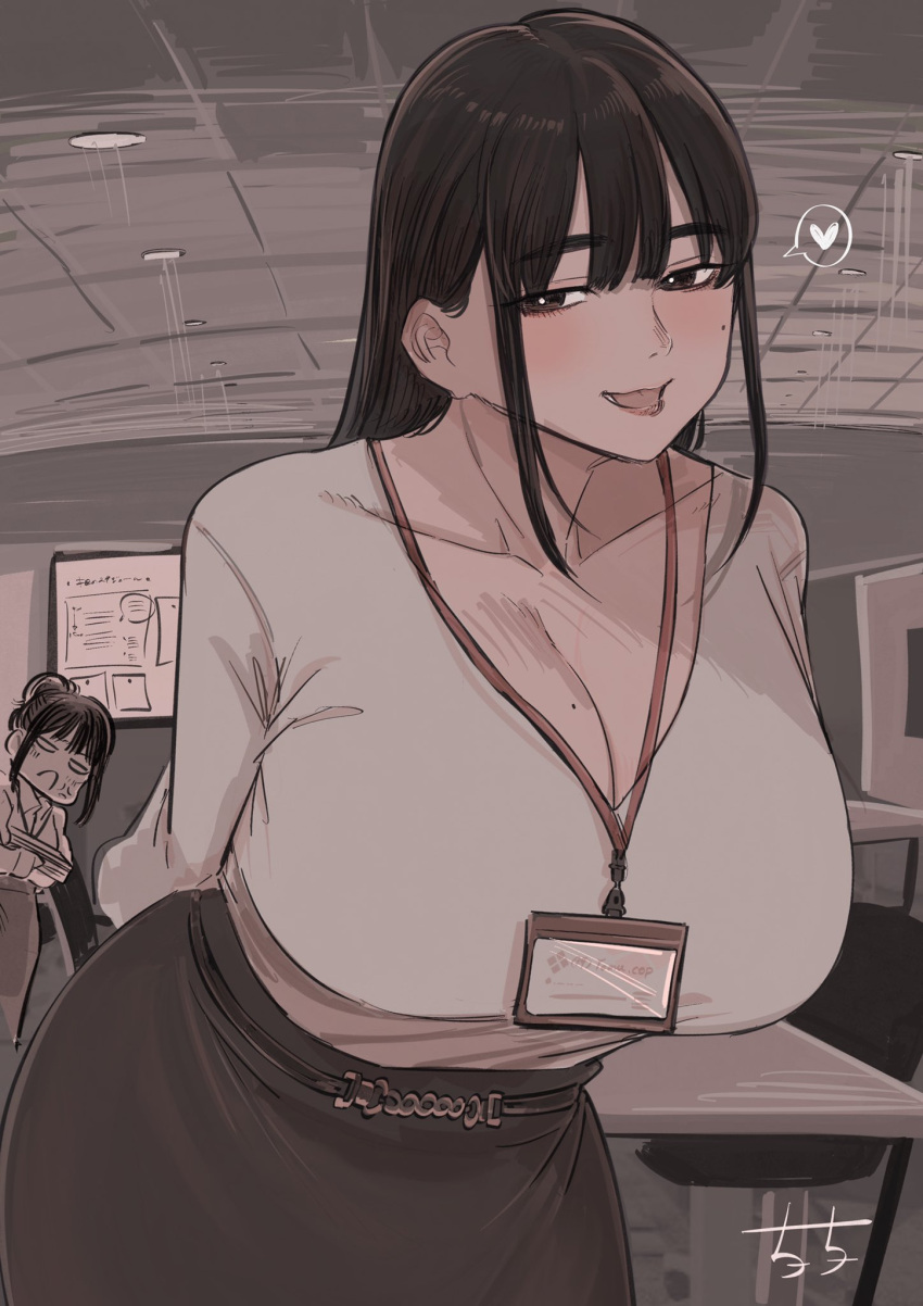 2girls anger_vein angry arms_behind_back blush breasts bright_pupils brown_eyes brown_hair brown_theme chichi8181 cleavage commentary_request douki-chan_(douki-chan) ganbare_douki-chan hair_bun half-closed_eyes heart highres huge_breasts id_card indoors kouhai-chan_(douki-chan) lanyard leaning_forward long_hair looking_at_viewer mole mole_on_breast mole_on_cheek multiple_girls office office_lady open_mouth seductive_smile shirt sidelocks signature single_hair_bun skirt smile solo_focus spoken_heart white_pupils white_shirt