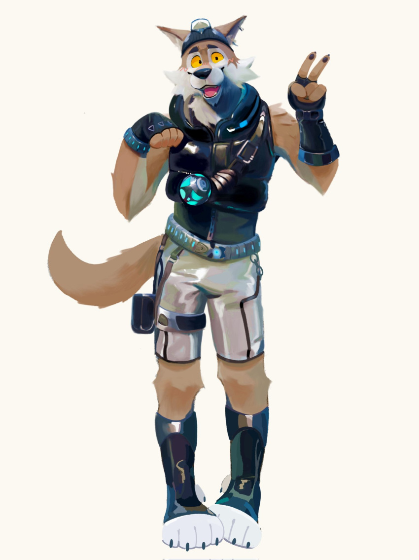 2024 anthro blush bottomwear brown_body brown_fur canid canine canis clothing epic_games fingerless_gloves fortnite fur gloves handwear hat headgear headwear hi_res looking_at_viewer male mammal pants simple_background solo topwear vistrou wendell_(fortnite) white_body white_fur wolf