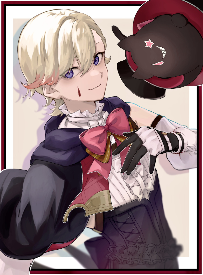 1boy absurdres armpits awa_(user_slp4162) bishounen blonde_hair cape corset cowboy_shot frills genshin_impact gloves hat highres looking_at_viewer lyney_(genshin_impact) male_focus purple_eyes red_ribbon ribbon smile solo teardrop_tattoo top_hat