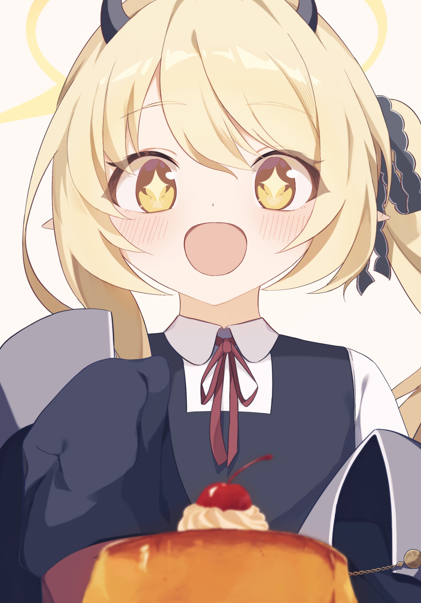 +_+ :d absurdres black_horns blonde_hair blue_archive cherry demon_horns food fruit halo highres horns ibuki_(blue_archive) pudding shirowa(user_mtgv4455) side_ponytail simple_background sleeves_past_fingers sleeves_past_wrists smile upper_body white_background yellow_eyes yellow_halo