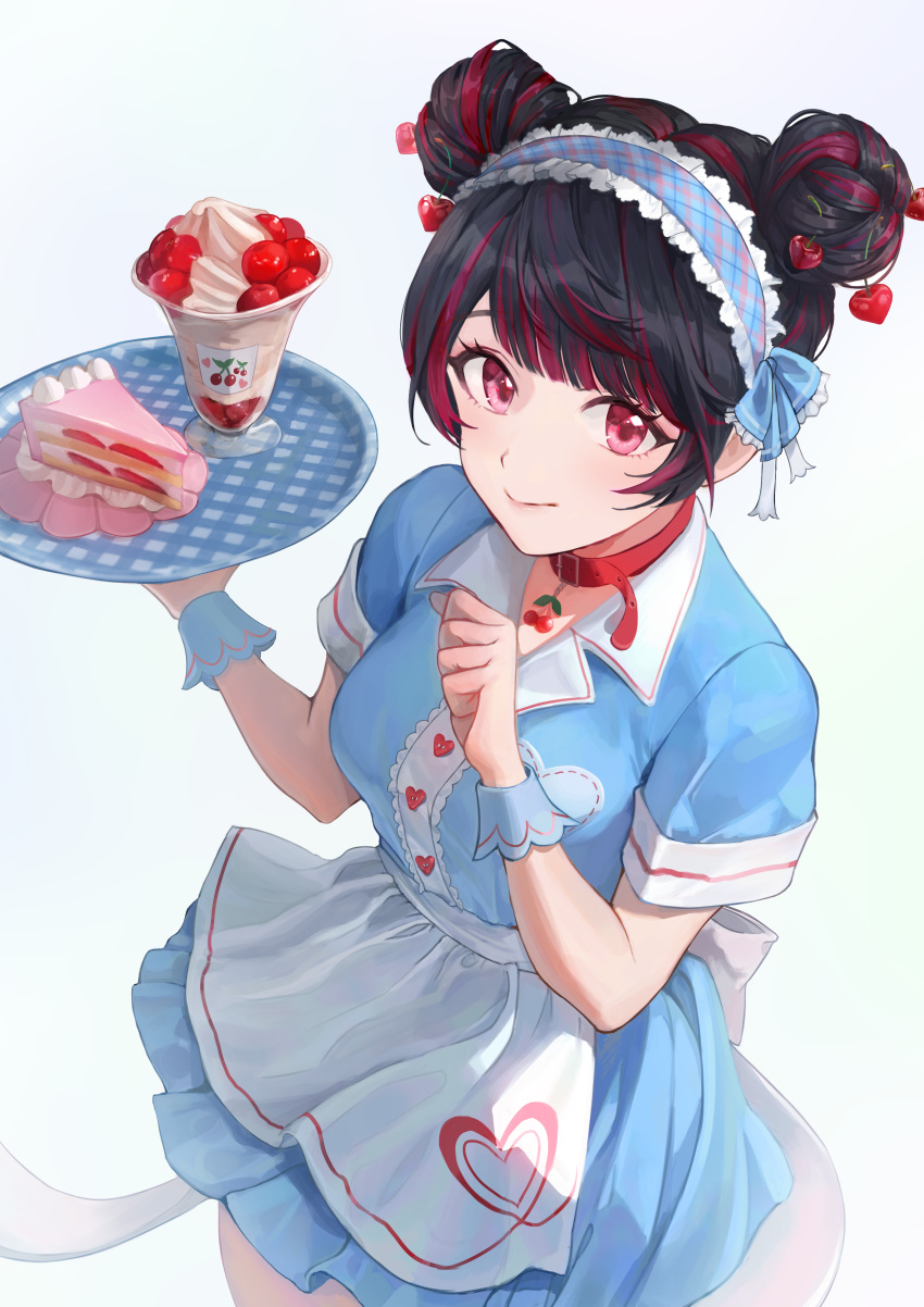 1girl absurdres apron back_bow black_hair blue_bow blue_dress blue_hairband bow cake cake_slice cherry cherry_hair_ornament cherrypunchs choker double_bun dress food food-themed_hair_ornament frilled_dress frills from_above fruit gradient_background hair_bow hair_bun hair_ornament hairband hand_up heart highres holding holding_tray long_hair looking_at_viewer maid maid_apron multicolored_hair original parfait pink_eyes red_choker red_hair short_sleeves sidelocks simple_background smile strawberry_shortcake streaked_hair tray two-tone_hair white_bow wrist_cuffs