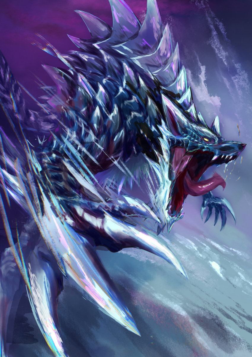 absurdres blue_scales claws frost fujikura highres ice lunagaron monster monster_focus monster_hunter_(series) monster_hunter_rise open_mouth saliva scales sharp_teeth snout snow solid_eyes solo spikes teeth tongue tongue_out wolf yellow_eyes