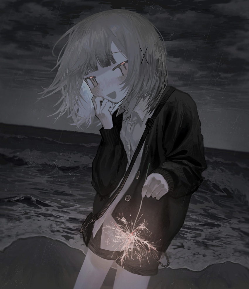 1girl beach black_cardigan black_shorts blush cardigan cloud cloudy_sky collared_shirt fireworks giv_81 grey_hair hair_ornament highres holding_fireworks long_sleeves looking_at_viewer night ocean open_cardigan open_clothes open_mouth original outdoors rain shirt short_hair shorts sky solo sparkler water white_shirt x_hair_ornament