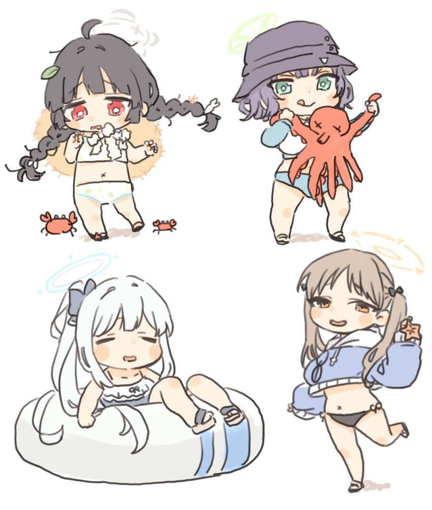 4girls bikini blue_archive braid bucket_hat chibi commentary crab cropped_hoodie eyewear_hang frilled_one-piece_swimsuit frills full_body halo hat highres hood hoodie innertube inutokasuki looking_at_animal miyako_(blue_archive) miyako_(swimsuit)_(blue_archive) miyu_(blue_archive) miyu_(swimsuit)_(blue_archive) moe_(blue_archive) moe_(swimsuit)_(blue_archive) multiple_girls navel octopus official_alternate_costume one-piece_swimsuit ponytail rabbit_platoon_(blue_archive) raglan_sleeves rash_guard saki_(blue_archive) saki_(swimsuit)_(blue_archive) short_hair simple_background stomach swim_ring swimsuit symbol-only_commentary twin_braids twintails unworn_eyewear white_background white_bikini