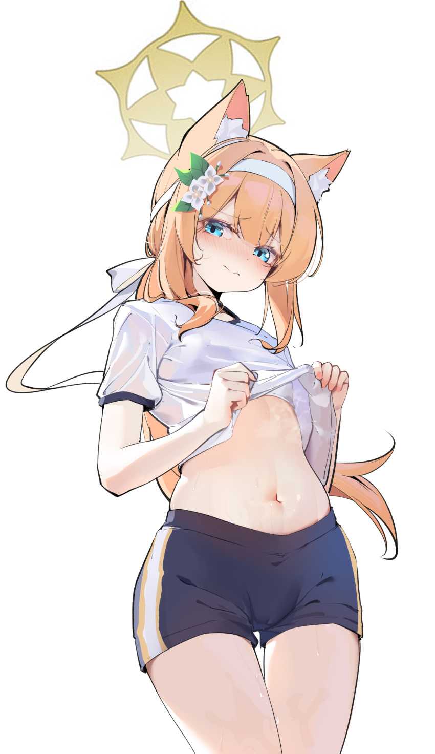 1girl absurdres animal_ear_fluff animal_ears blue_archive blue_eyes blush bra bra_peek closed_mouth clothes_lift flower from_below gym_shirt gym_shorts gym_uniform hair_flower hair_ornament hairband halo headband highres lifted_by_self long_hair looking_at_viewer mari_(blue_archive) mari_(track)_(blue_archive) navel official_alternate_costume orange_hair painterliuhao ponytail shirt shirt_lift short_sleeves shorts solo standing sweat underwear wet wet_clothes wet_shirt white_bra white_flower white_headband yellow_halo