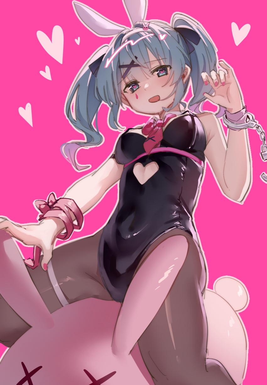 1girl animal_ears black_leotard blue_eyes blue_hair blush breasts clothing_cutout cuffs fake_animal_ears hair_ornament handcuffs hatsune_miku heart heart-shaped_pupils heart_cutout highres leotard medium_breasts open_mouth pantyhose playboy_bunny rabbit_ears rabbit_hole_(vocaloid) smile solo straddling stuffed_animal stuffed_rabbit stuffed_toy symbol-shaped_pupils tazaki_yokka teardrop_facial_mark thigh_strap twintails vocaloid x_hair_ornament