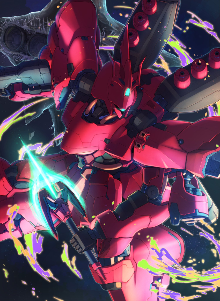 axis_(gundam) beam_rifle char's_counterattack commentary dual_wielding energy_gun from_above glowing glowing_eye green_eyes gun gundam highres holding holding_gun holding_weapon mecha mobile_suit no_humans nori_(arara105) one-eyed robot sazabi science_fiction solo space thrusters turning_head weapon