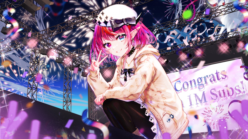 absurdres beret black_choker black_pantyhose blue_eyes bob_cut brown_cardigan cardigan choker collarbone dress earrings fireworks glowstick hat heterochromia highres hololive hololive_english horns irys_(casualrys)_(hololive) irys_(hololive) jewelry lace-trimmed_choker lace_trim looking_at_viewer milestone_celebration necklace on_one_knee pantyhose purple_eyes purple_hair red_hair ribbon screen short_hair sowon spaghetti_strap stage stage_lights v white_dress white_headwear