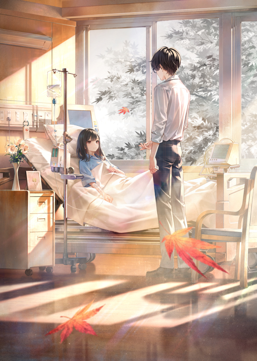 1boy 1girl autumn_leaves bed black_hair black_pants brown_eyes collared_shirt facing_another flower full_body glasses highres hospital_bed indoors intravenous_drip light_rays long_hair looking_at_another original pants shirt short_hair sousou_(sousouworks) standing white_shirt window