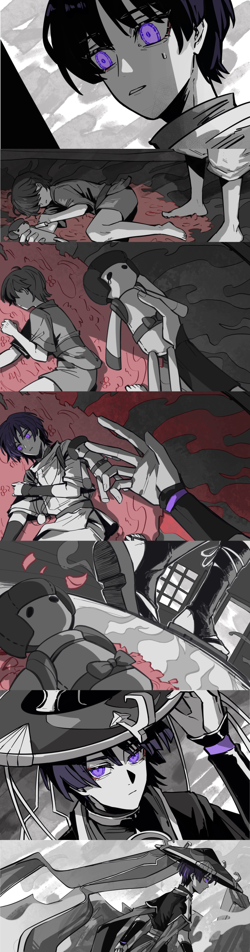 2boys absurdres crying doll feixuzhanshitouwerundead from_side genshin_impact hair_between_eyes hand_up highres holding holding_doll japanese_clothes lying monochrome multiple_boys on_side purple_eyes rug scaramouche's_sickly_friend_(genshin_impact) scaramouche_(genshin_impact) scaramouche_(kabukimono)_(genshin_impact) standing tears