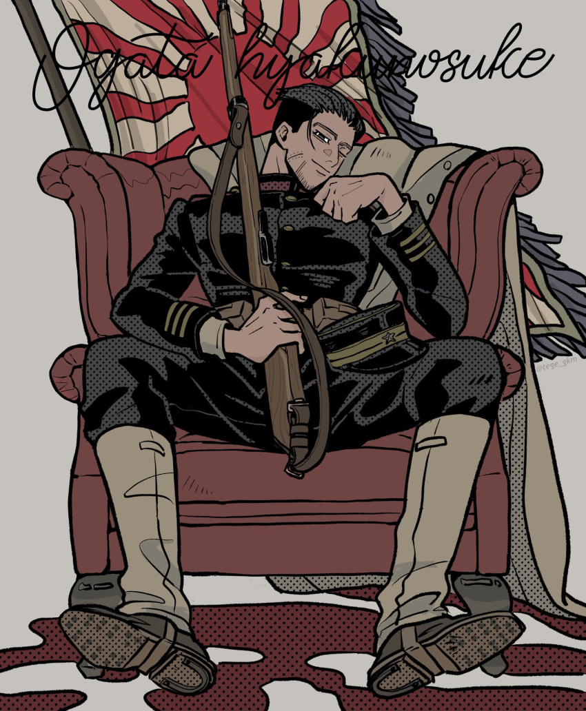 1boy black_hair black_jacket black_pants blood blood_splatter boots brown_footwear buttons chair closed_mouth collared_jacket facial_hair goatee golden_kamuy gun gun_sling hair_slicked_back halftone hand_on_own_cheek hand_on_own_face highres holding holding_gun holding_weapon imperial_japanese_army jacket knee_boots looking_at_viewer male_focus military_uniform ogata_hyakunosuke one_eye_closed pants rifle shoe_soles short_hair sitting smile solo spread_legs tege_(tege_xxx) undercut uniform weapon