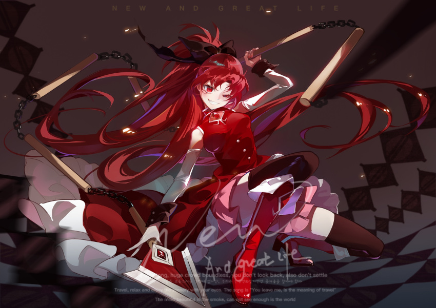 1girl ;d black_thighhighs boots bow brown_background chain chinese_commentary collared_dress commentary_request detached_sleeves dress english_text floating_hair full_body grin hair_bow hand_up highres holding holding_weapon knee_boots long_hair looking_down magical_girl mahou_shoujo_madoka_magica mahou_shoujo_madoka_magica_(anime) one_eye_closed parted_bangs pink_skirt polearm ponytail red_dress red_eyes red_footwear red_hair sakura_kyoko simple_background skirt sleeveless sleeveless_dress smile solo spear squatting thighhighs watermark weapon yuyu_xiangchi