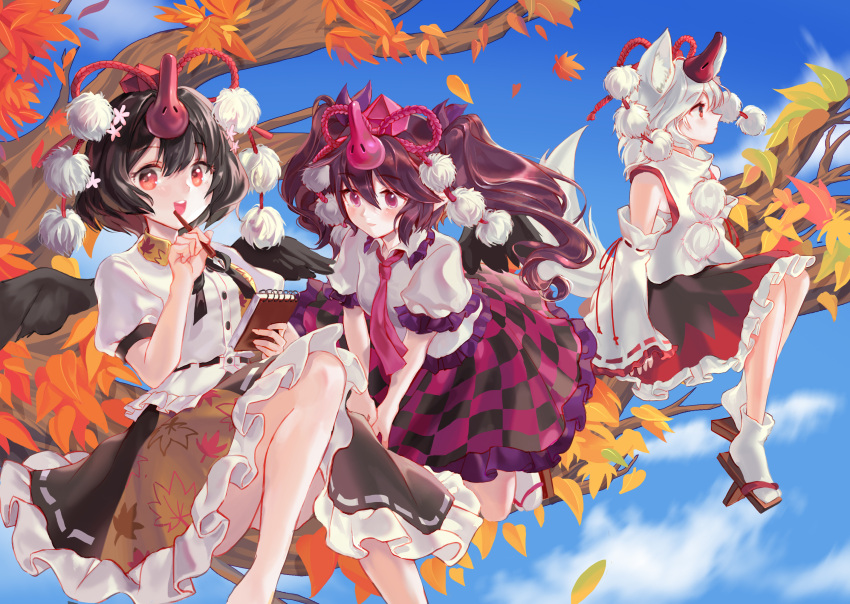 3girls animal_ears blue_sky detached_sleeves feathered_wings frilled_skirt frills geta highres himekaidou_hatate in_tree inubashiri_momiji multiple_girls orchid_(pixiv3730518) plaid plaid_skirt puffy_short_sleeves puffy_sleeves purple_eyes red_eyes shameimaru_aya shirt short_sleeves sitting sitting_in_tree skirt sky socks tail tengu-geta touhou tree twintails white_hair white_shirt white_socks wings wolf_ears wolf_girl wolf_tail