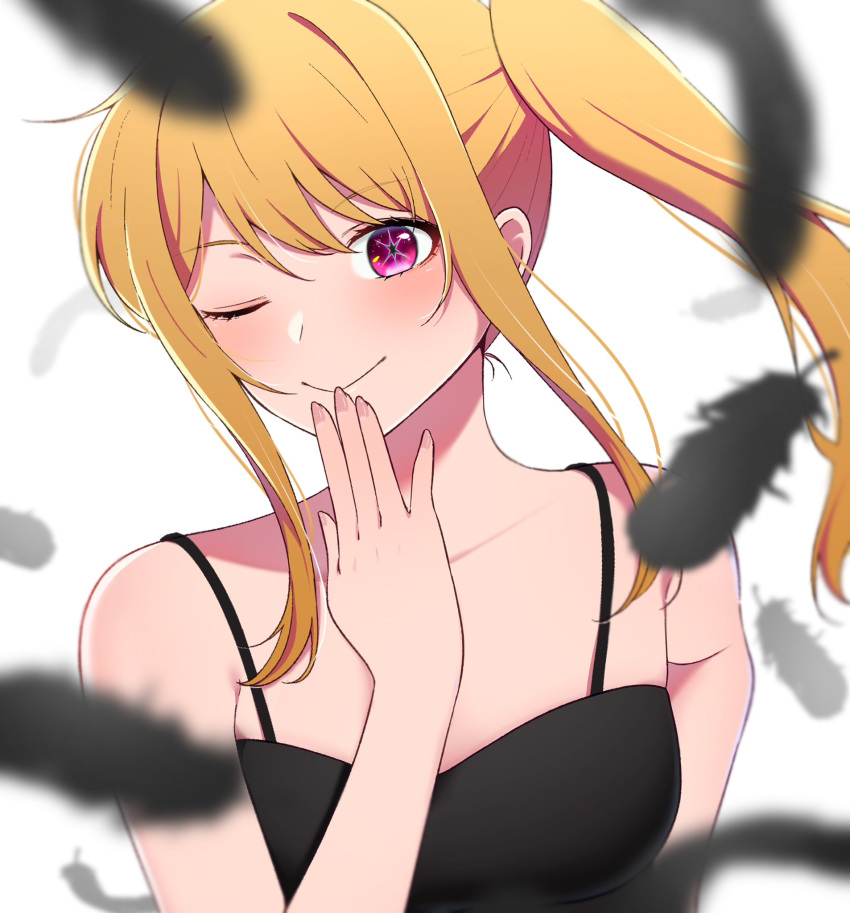 1girl black_dress blonde_hair blurry breasts closed_mouth collarbone commentary depth_of_field dress english_commentary falling_feathers feathers floating_hair hand_up highres hoshino_ruby lone_nape_hair long_hair looking_at_viewer medium_breasts one_eye_closed oshi_no_ko pink_eyes side_ponytail sidelocks smile solo spaghetti_strap star-shaped_pupils star_(symbol) symbol-shaped_pupils upper_body war_artwork white_background