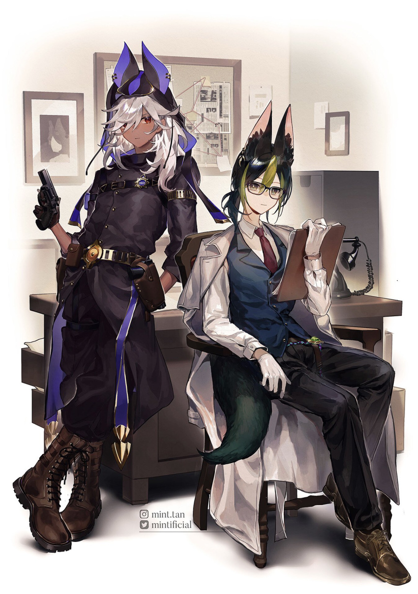 2boys animal_ears arm_behind_back belt belt_pouch black_coat black_hair black_pants blue_vest boots brown_footwear bulletin_board buttons chair clipboard coat corded_phone cyno_(genshin_impact) dark-skinned_male dark_skin desk detective dress_shirt filing_cabinet genshin_impact gloves green_hair gun handgun highres holding holding_clipboard holding_gun holding_weapon holster indoors leaning long_hair mint-tan multicolored_hair multiple_boys necktie office on_chair pants phone photo_(object) picture_frame pouch red_eyes red_necktie revolver shirt sitting standing string_chart tail tighnari_(genshin_impact) vest weapon white_coat white_gloves white_hair white_shirt