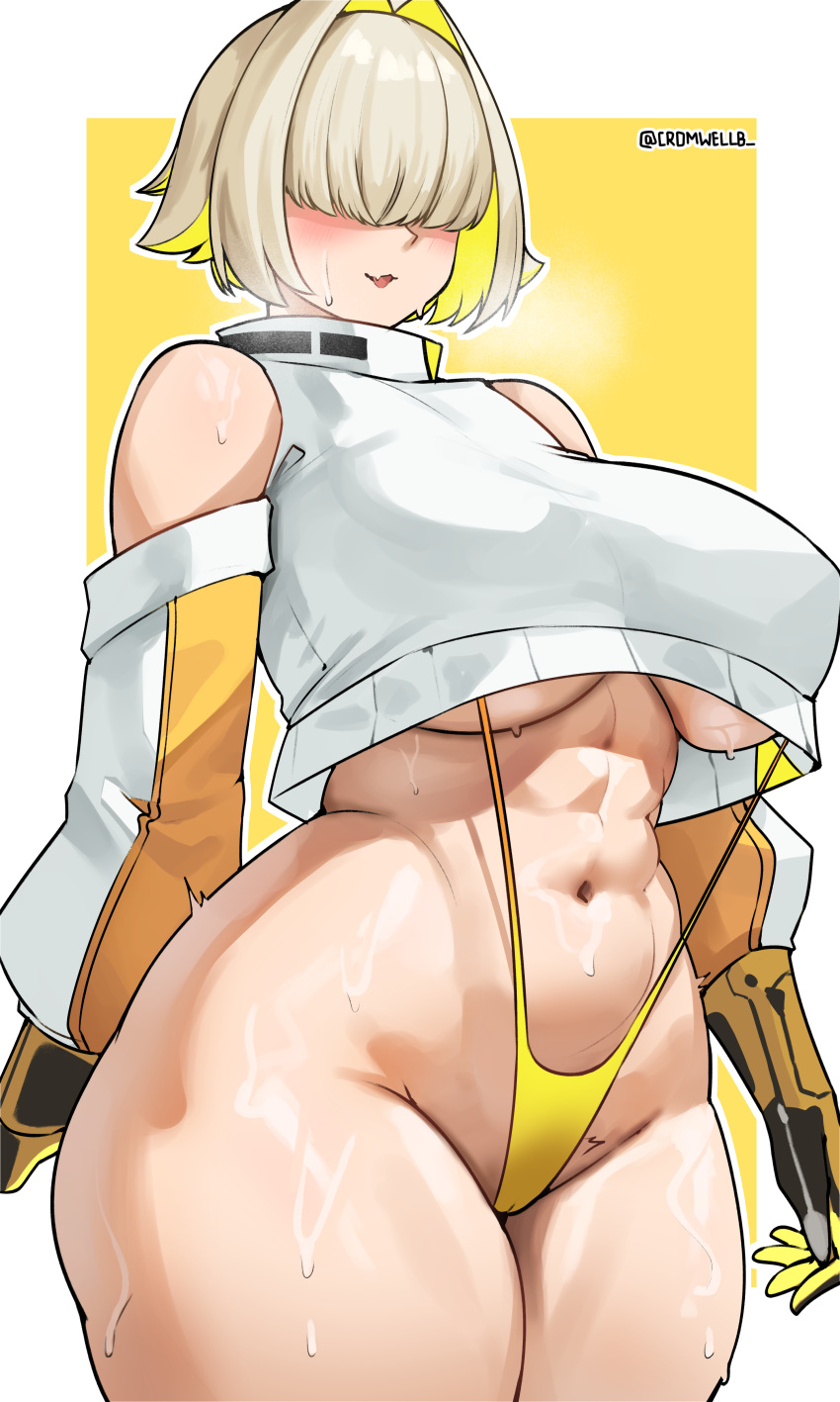 1girl abs absurdres bare_shoulders black_gloves blonde_hair blush border breasts cameltoe cowboy_shot cromwellb crop_top crop_top_overhang cropped_sweater curvy elegg_(nikke) fang gloves goddess_of_victory:_nikke groin hair_intakes hair_over_eyes heavy_breathing highres huge_breasts long_sleeves navel one-piece_swimsuit parted_lips short_hair skin_fang slingshot_swimsuit solo strap_gap sweat sweater swimsuit thick_thighs thighs toned twitter_username underboob white_border white_sweater wide_hips yellow_background yellow_gloves yellow_one-piece_swimsuit