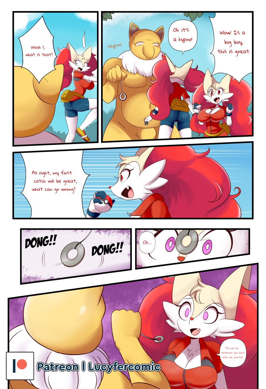 2020 absurd_res anthro big_breasts braixen breasts butt clothing comic cute_fangs dialogue duo english_text female hi_res hypno_(pok&eacute;mon) hypnosis lucyfercomic male mind_control nintendo pok&eacute;ball pok&eacute;mon pok&eacute;mon_(species) text video_games