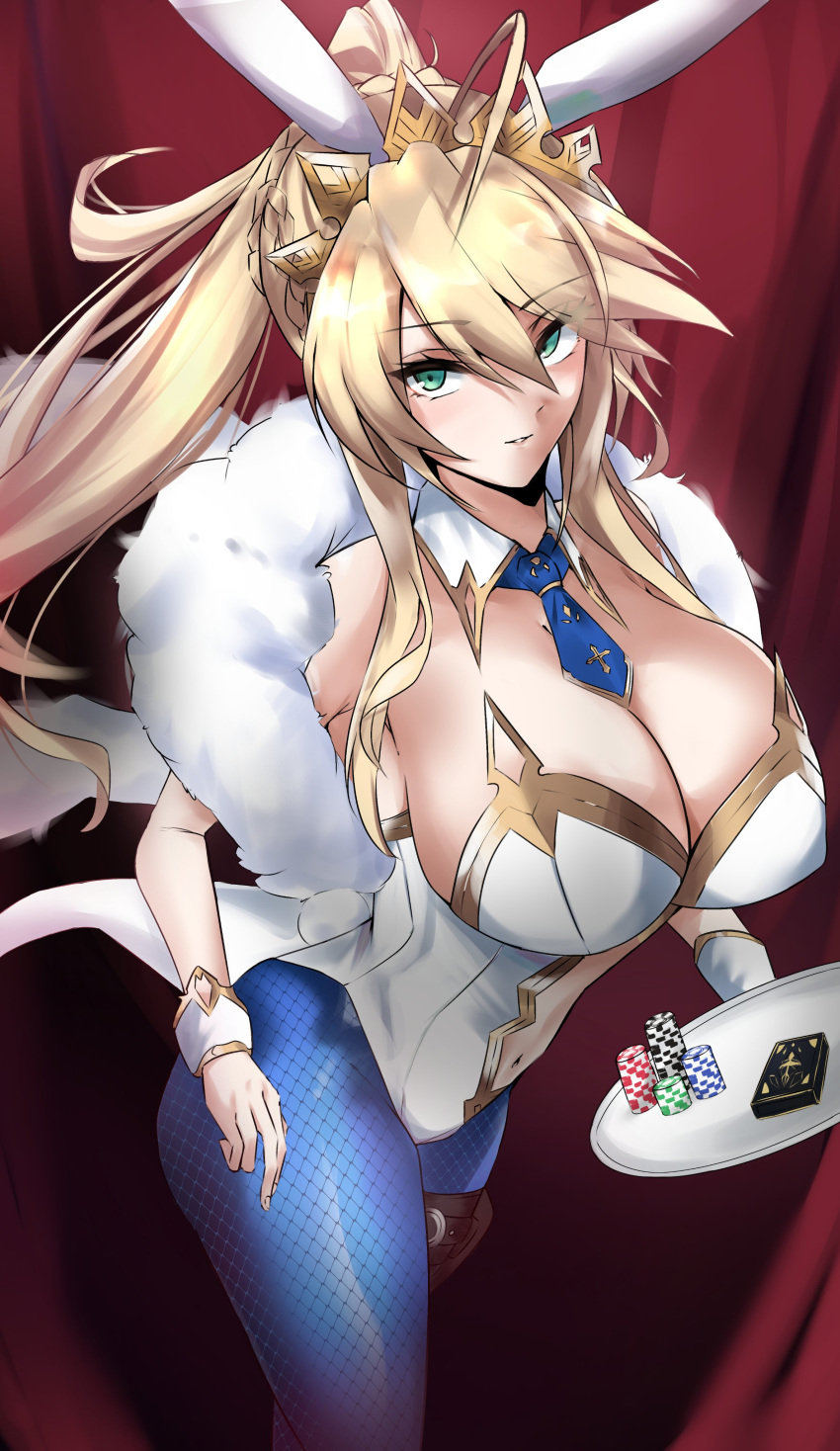 1girl absurdres animal_ears artoria_pendragon_(all) artoria_pendragon_(lancer) artoria_pendragon_(swimsuit_ruler)_(fate) bangs blonde_hair blue_legwear blue_neckwear braid breasts bunny_ears card cleavage clothing_cutout curtains detached_collar eyebrows_visible_through_hair fate/grand_order fate_(series) feather_boa fishnet_legwear fishnets french_braid green_eyes hair_between_eyes high_ponytail highleg highleg_leotard highres holding holding_tray kyle_(kysizzle) large_breasts leotard navel_cutout pantyhose playboy_bunny playing_card poker_chip sidelocks standing tiara tray white_leotard wrist_cuffs