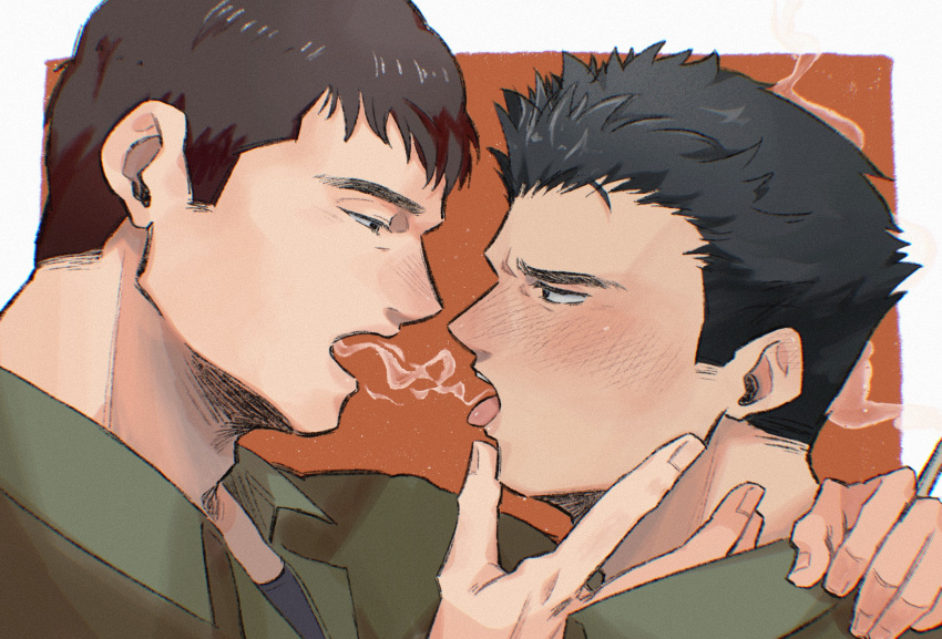 2boys bara black_eyes black_hair border brown_hair character_request cigarette collared_shirt copyright_request eye_contact green_shirt highres holding holding_cigarette looking_at_another multiple_boys open_mouth orange_background saliva saliva_swap shirt short_hair smoke tata3_193 tongue tongue_out white_border yaoi