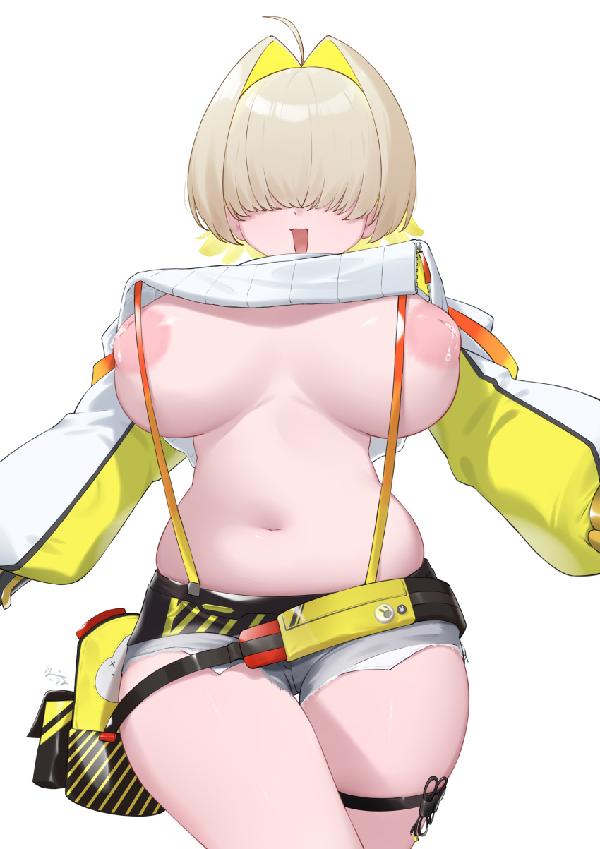1girl absurdres ahoge blonde_hair breasts breasts_apart cowboy_shot dongye1551 elegg_(nikke) exposed_pocket goddess_of_victory:_nikke hair_intakes hair_over_eyes highres inverted_nipples lactation large_breasts long_bangs long_sleeves multicolored_hair navel open_mouth plump shorts simple_background solo suspender_shorts suspenders thick_thighs thigh_strap thighs two-tone_hair white_background