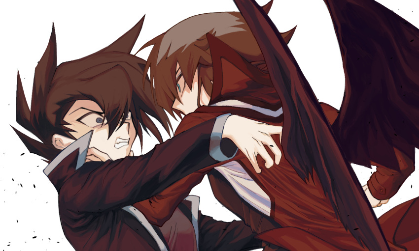 2boys angry black_coat blue_eyes brown_hair brown_shirt coat grey_eyes grey_shirt grimace hair_between_eyes highres jacket kd_(jichaman1) long_sleeves male_focus manjoume_jun multiple_boys neck_grab red_jacket shirt short_hair simple_background upper_body white_background wings yu-gi-oh! yu-gi-oh!_gx yuuki_juudai